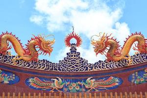 Dragon statues, a mythical creature in Chinese literature, are often decorated in temples and on the roof as beautiful sculptures and blue skies. photo