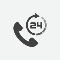 Call 24 icon vector illustration, 24 hour call service, Twenty four hour service flat design, 24h Support Simple Design, All day customer support call center icon, Telephone support 24 hours symbol