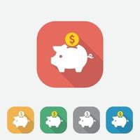 trendy Piggy bank with coin flat icon design with long shadows, Icon saving or accumulation of money, investment, square colorful button for website, app, UI, UX, eps10 vector