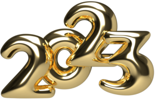 Gold numbers 2023 in elegant style with reflection. Realistic 3d sign. New Year event symbol. 3d render png