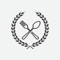cuchara y tenedor con icono de corona de laurel, símbolo cruzado, ilustración de vector lineal de restaurante, símbolo de restaurante, vector de icono de cocina