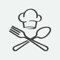 diseño del logotipo del chef, logotipo de tenedor y cuchara, icono de comida, icono de etiqueta de restaurante, símbolo de cocina, sombrero de cocinero con tenedor y cuchara vector