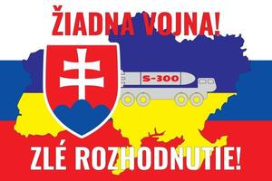 The contour of the map of Ukraine is painted in the colors of the flag of Ukraine on the flag of Slovakia and the installation of S-300.  inscription in Slovak NO WAR and BAD DECISION vector