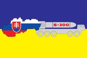 The contour of the map of Slovakia is painted in the colors of the flag of Slovakia on the flag of Ukraine and the installation of S-300. vector