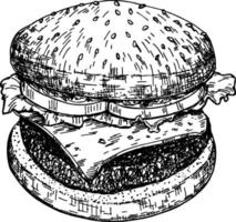 Big burger, hamburger. Hand drawing vector sketch retro style. Burger American cheeseburger with lettuce tomato cheese beef and sauce