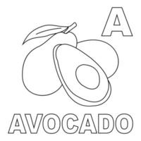 Avocado coloring page, with a capital A to introduce letters to children. Suitable for children's coloring books and letter recognition through fruit images. Editable vectors