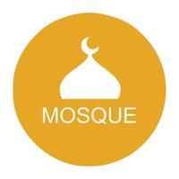 The logo or symbol of the white mosque in an orange circular shield. Editable mosque or prayer room icon. Suitable for use as a sign in the prayer room in a public area or on brochures vector