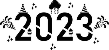 Big Set of 2023 Happy New Year logo text design. 2023 number design template. Collection of 2023 Happy New Year symbols. Vector illustration with black labels isolated on white background.