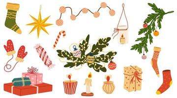 conjunto de decoraciones navideñas. elementos de vacaciones de invierno, paquete de cosas. adornos navideños, decoración, corona de abeto, árbol festivo, caja de regalo, velas y calcetines. vector dibujar a mano ilustraciones aisladas