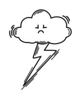 Cloud with lightning. Meteorological. Line art. Thunderstorm weather symbol for web printing and applications. Vector illustration in doodle style isolated on the white
