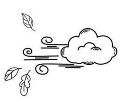 Wind with leaves. Windy weather. Weather forecast for the autumn season, meteorology. Forecasting wind speed and strength. Line art. Vector illustration in doodle style isolated
