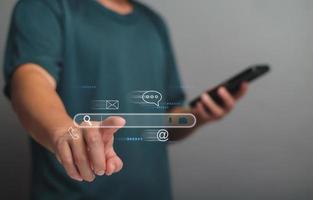 Search engine optimization, SEO, Searching Browsing Internet Data Information Networking Concept, Businessman use smartphone for find data on networking, copy space. photo