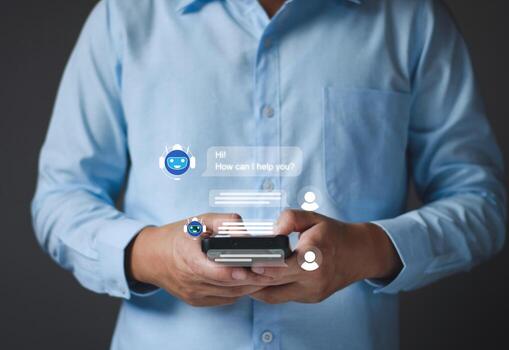 AI Chatbot intelligent digital customer service application concept, computer mobile application uses artificial intelligence chatbots automatically respond online messages to help customers instantly photo