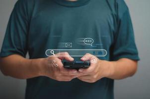 Search engine optimization, SEO, Searching Browsing Internet Data Information Networking Concept, Businessman use smartphone for find data on networking, copy space. photo