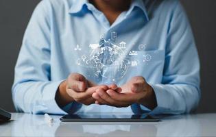 Digital business internet connection online network. Businessman use tablet access digital online global business, technology, long term investment plan, financial stability, global marketing analysis photo