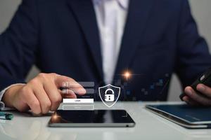 Cyber security concept. Businessman login access business sensitive information, data security, secure company internet network, hack protection, fingerprint scanner, cyber space, business security photo