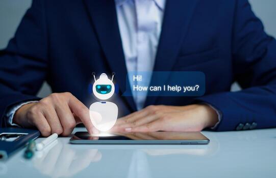 AI Chatbot intelligent digital business service application concept, computer mobile application uses artificial intelligence chatbots automatically respond online messages to help customers instantly photo