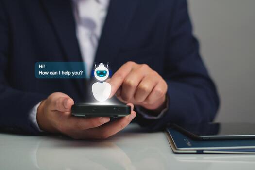 AI Chatbot intelligent digital business service application concept, computer mobile application uses artificial intelligence chatbots automatically respond online messages to help customers instantly photo