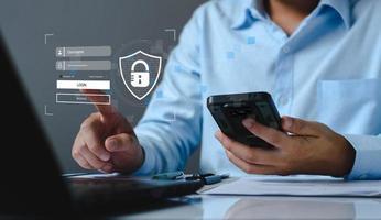 Cyber security concept. Businessman login access business sensitive information, data security, secure company internet network, hack protection, fingerprint scanner, cyber space, business security photo