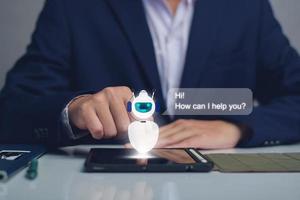 AI Chatbot intelligent digital business service application concept, computer mobile application uses artificial intelligence chatbots automatically respond online messages to help customers instantly photo