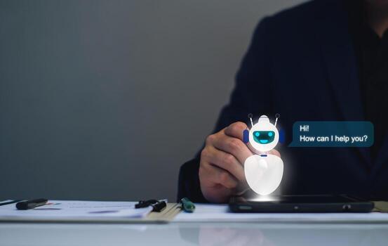 AI Chatbot intelligent digital business service application concept, computer mobile application uses artificial intelligence chatbots automatically respond online messages to help customers instantly photo