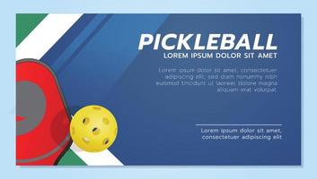 plantilla de banner de pickleball con una paleta y una bola amarilla. vector