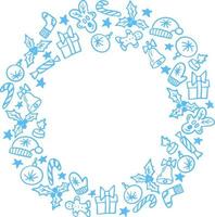 Christmas hand drawn wreath card in blue color made of funny doodles. Isolated vector christmas background, set of icons.