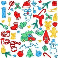 Cute christmas hand drawn icons collection with colored doodle style. Isolated vector illustration