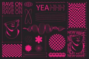 Rave psychedelic retro futuristic set. Surreal geometric shapes, abstract backgrounds and patterns, wireframe, cyberpunk elements and perspective grids. Vector elements and signs in trendy psychedelic