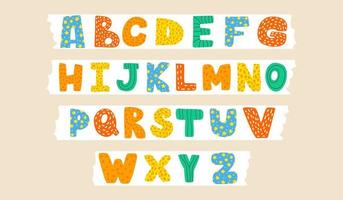Cute childish latin font or cool english alphabet decorated with dots and scribbles. Hand drawn vector illustration.