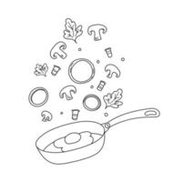 Illustration of a recipe for fried eggs with mushrooms and bacon. Doodle breakfast ingredients. Frying pan with fried egg vector