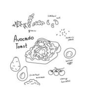 Doodle illustration of avocado toast. Recipe for toast with avocado and tomatoes. vector