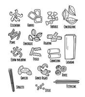 Types of Italian pasta. Pasta illustration in doodle style. vector