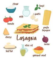 lasaña. ilustración de la receta y los ingredientes de lasaña italiana. ilustración vectorial para menú, libros de cocina, instagram. vector