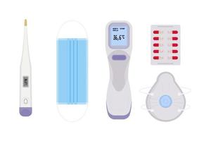 Set icon of medical objects for therapy. Electronic thermometer, medical mask, respirator, capsules aspirin in blisters. vector