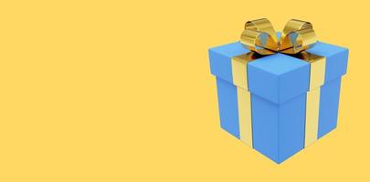 Realistic blue gift box with gold ribbon. 3D rendering. Icon on yellow background, text space. photo