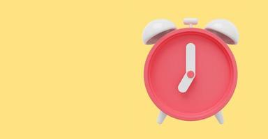 Minimal red cartoon alarm clock. 3D rendering. Icon on yellow background, space for text. photo