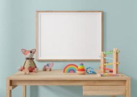 Empty horizontal picture frame hanging on blue wall in modern child room. Frame mock up in contemporary style. Free, copy space for picture, poster. Plush and wooden toys. Close up view. 3D rendering. photo