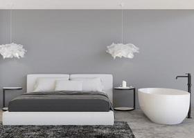Empty light gray wall in modern bedroom. Mock up interior in contemporary style. Free, copy space for your picture, text, or another design. Bathtub in bedroom. 3D rendering. photo