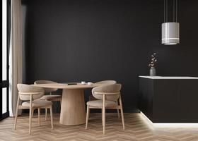 Empty black wall in modern living room. Mock up interior in contemporary style. Free, copy space for your picture, text, or another design. Dining table with chairs, kitchen, parquet floor. 3D render. photo