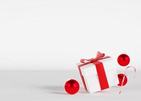 White and red gift box and Christmas decoration on white background, empty space for text. Present. Xmas layout with copy space. Minimlist design. Template for greeting, invitation card. 3D render. photo