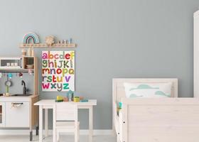Empty wall in modern child room. Mock up interior in scandinavian style. Copy space for your picture or poster. Bed, table and chair, toys. Cozy room for kids. 3D rendering. photo