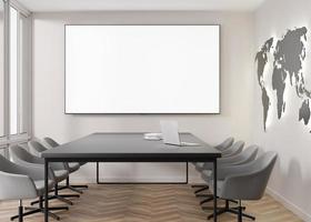 Conference room with blank, empty TV screen. Monitor mock up. Business meeting room with LCD screen for presentation, advertising. Modern, contemporary office. Free, copy space, template. 3d rendering photo