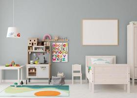 Empty horizontal picture frame on the wall in modern child room. Mock up interior in contemporary, scandinavian style. Free, copy space for picture. Bed, toys. Cozy room for kids. 3D rendering. photo