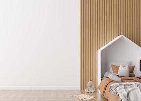 Kids room wallpaper presentation mock up. Empty white wall in modern child room. Copy space for your wallpaper design, wall stickers or other decoration. Interior in scandinavian style. 3D rendering. photo