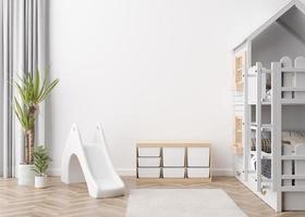 Empty white wall in modern child room. Mock up interior in scandinavian style. Copy space for your artwork, picture or poster. Bed, slide. Cozy room for kids. 3D rendering. photo