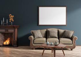 Empty horizontal picture frame on dark blue wall in modern living room. Mock up interior in classic style. Empty, copy space for your picture, poster. Sofa, table, parquet floor, fireplace. 3D render. photo