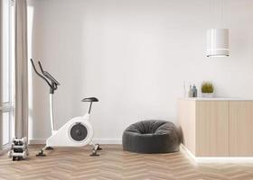 Modern room with fitness bike. Sport equipment in contemporary interior. Healthy lifestyle, sport, training at home concept. Stay fit. Home gym. 3D rendering. photo