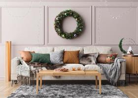 Modern and stylish living room interior with Christmas decorations and sofa. Xmas time at home, New Year, holiday. Beautiful and cozy interior design. 3D rendering.