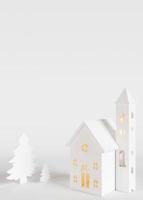 Beautiful white Christmas background. Xmas backdrop, mock up. Modern design. Empty space for text, advertising. Copy space. Vertical template for greeting, invitation card. House, fir trees. 3d render photo